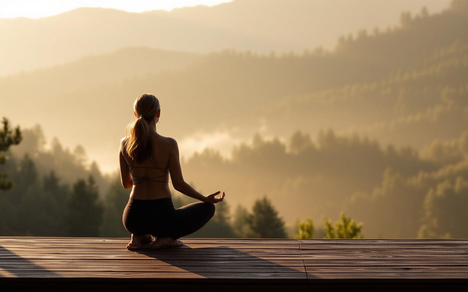A person meditating at sunrise overlooking misty mountains